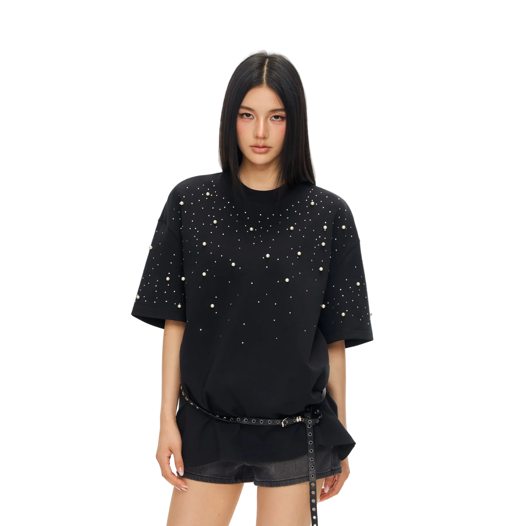 Black Air Cotton Pearl Rhinestone Short-Sleeve T-Shirt