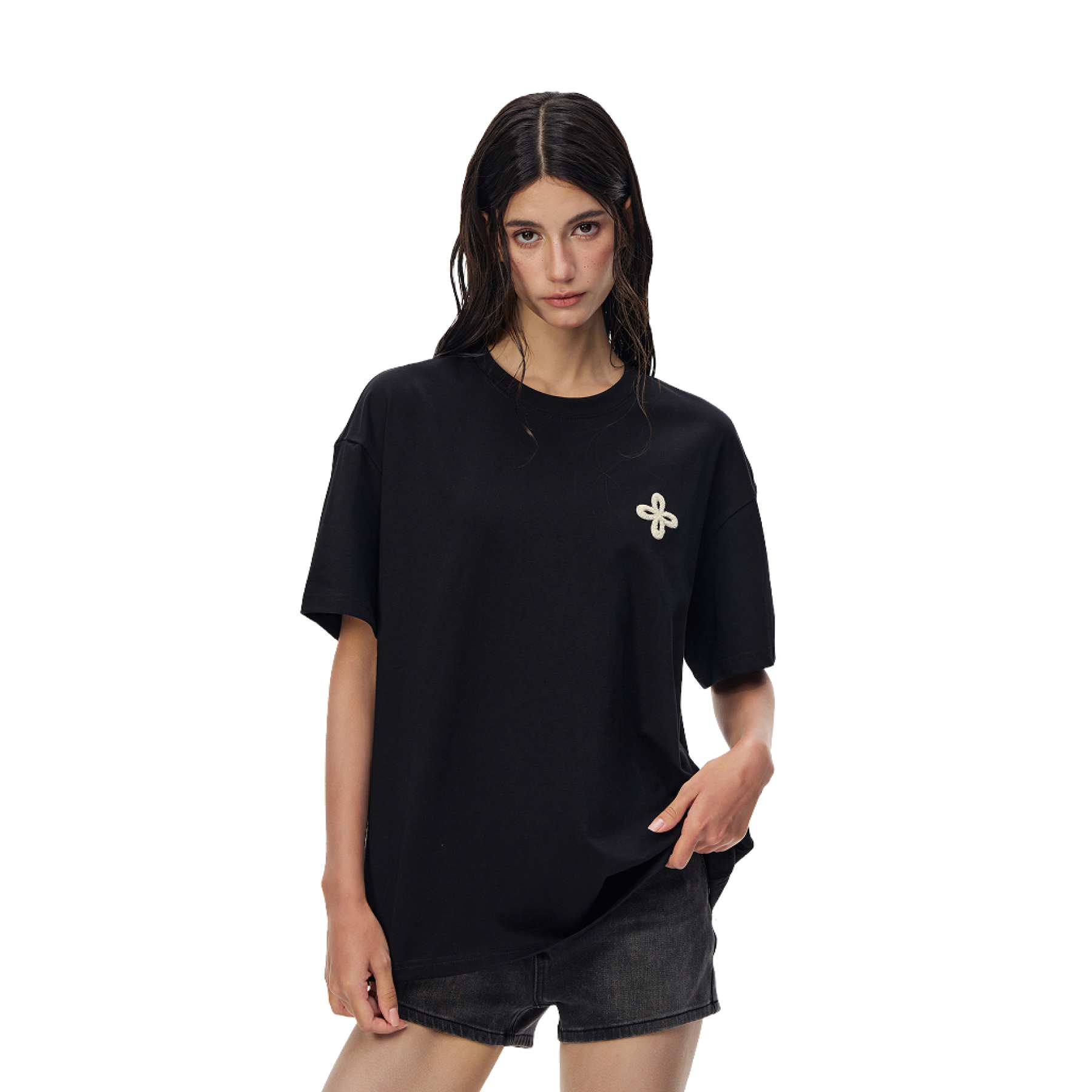 Black Cross-Patterned Casual T-Shirt