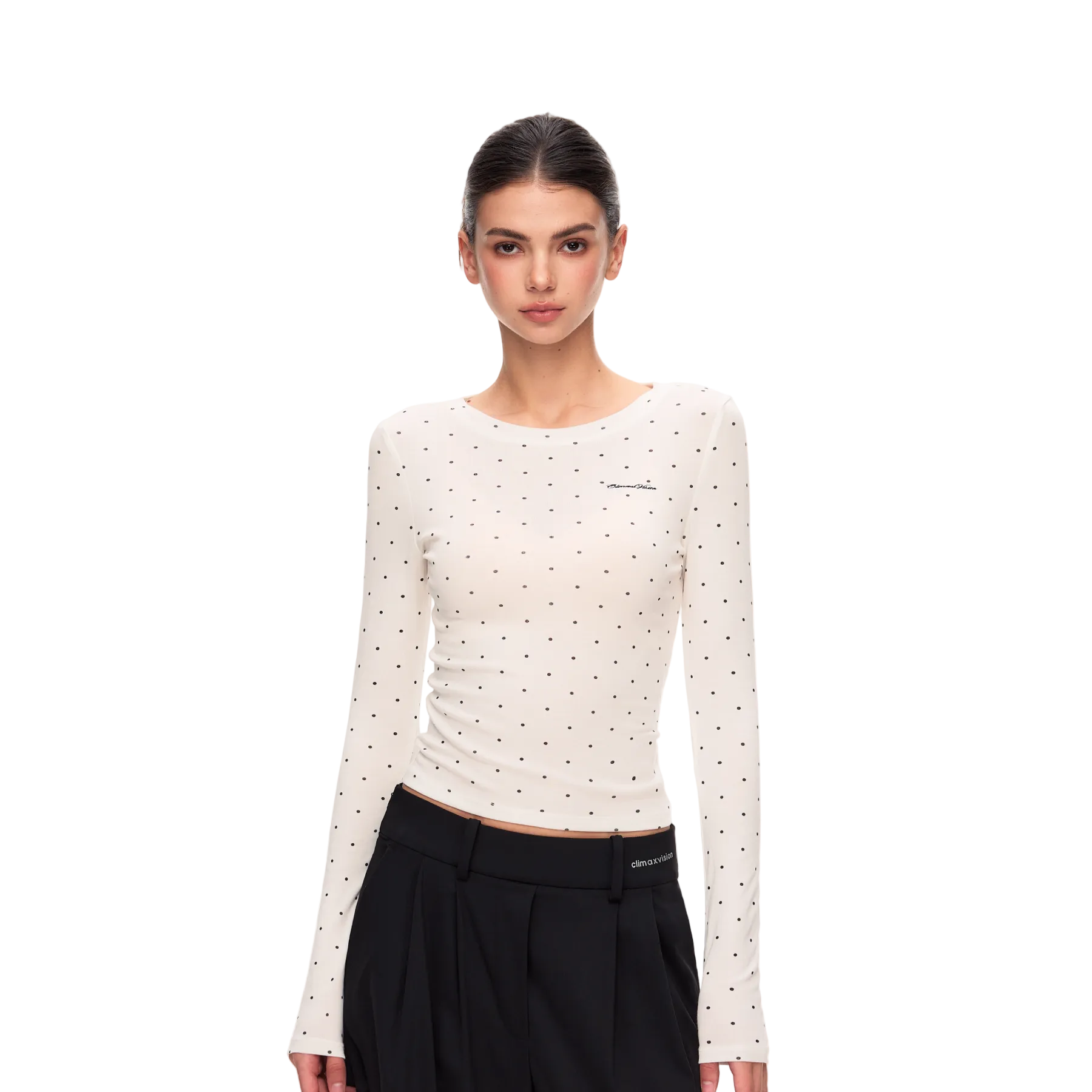 White Tencel Polka Dot Long-Sleeve T-Shirt