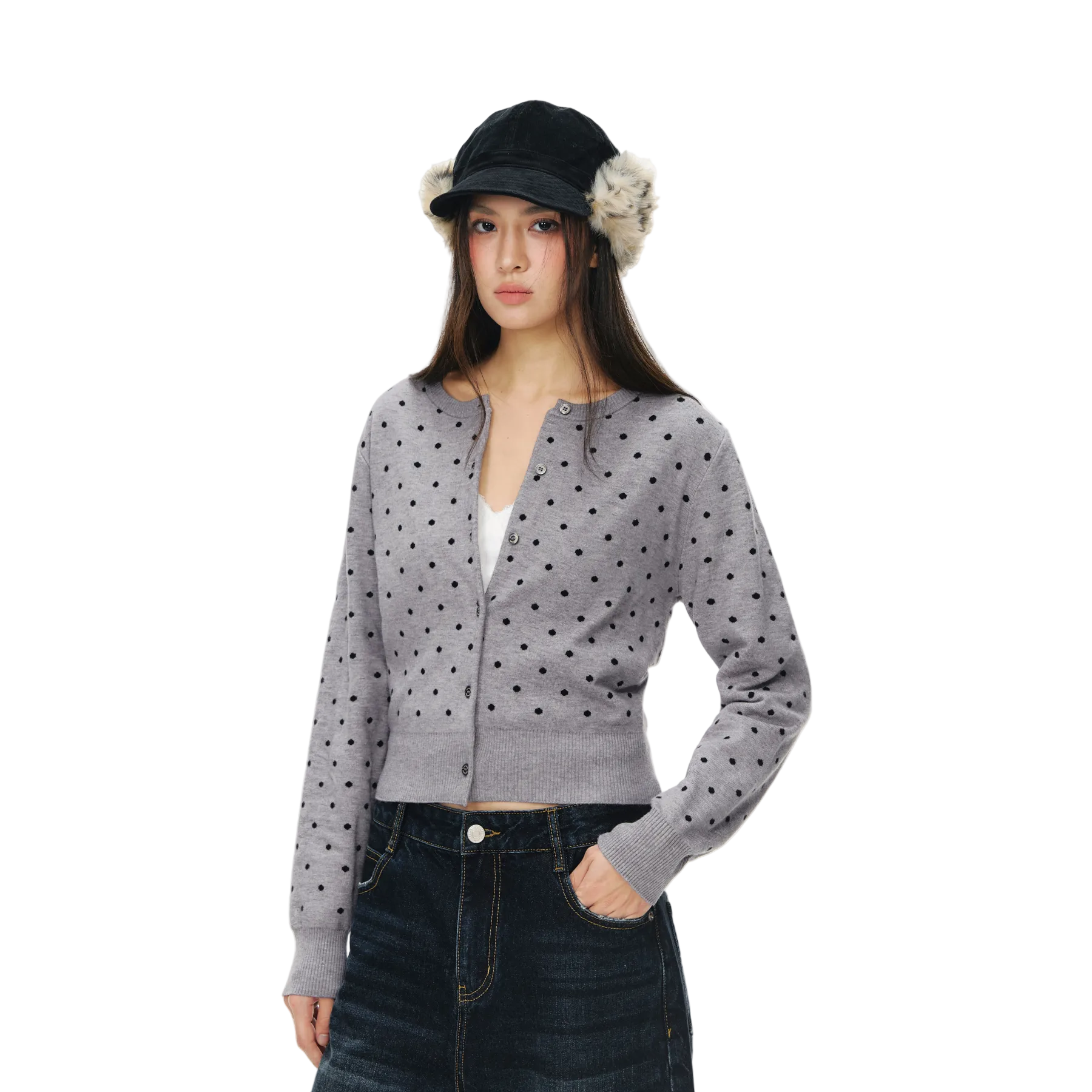 Grey Polka Dot Core-Spun Yarn Crew Neck Cardigan Sweater