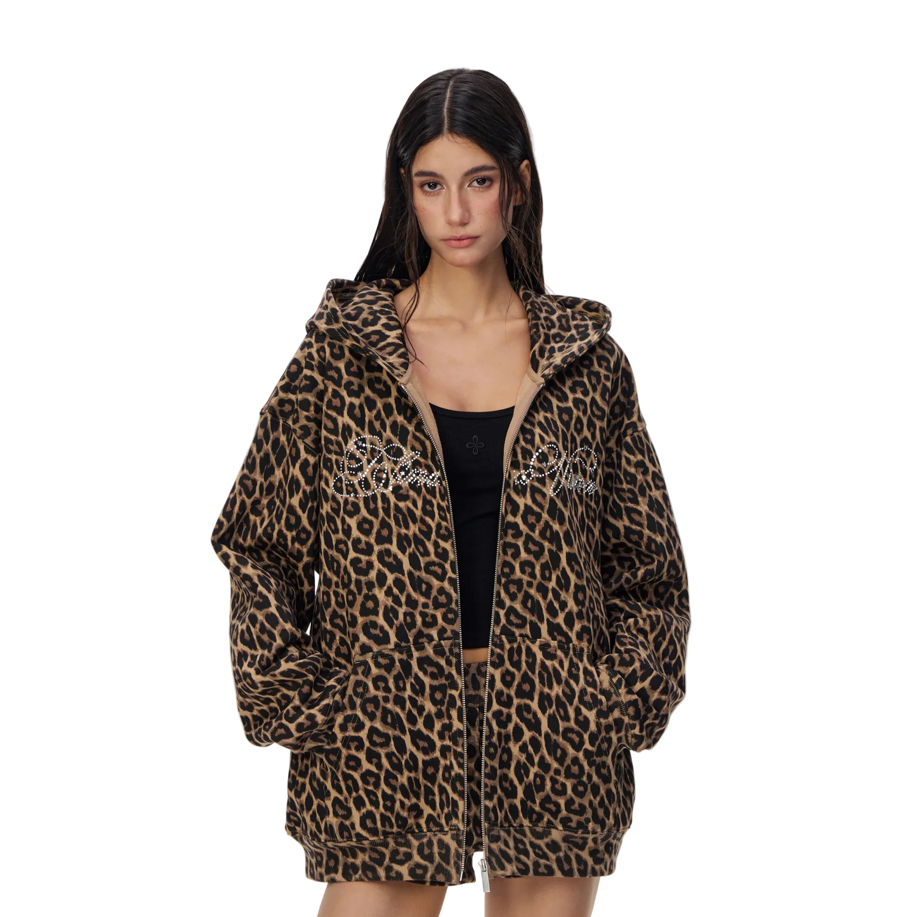 Brown Leopard Print Rhinestone Lettering Hooded Jacket