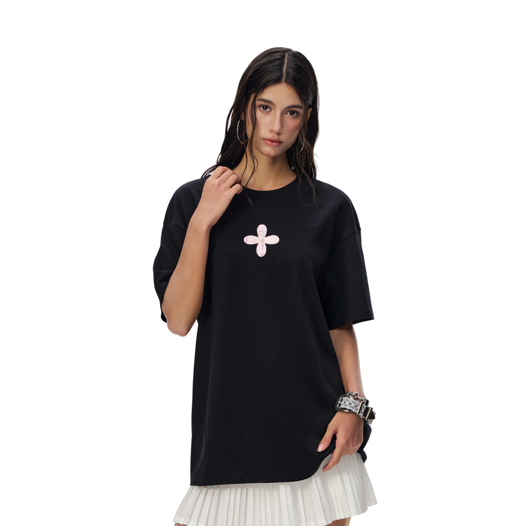 Black Chanel-style Cross Embroidered T-Shirt