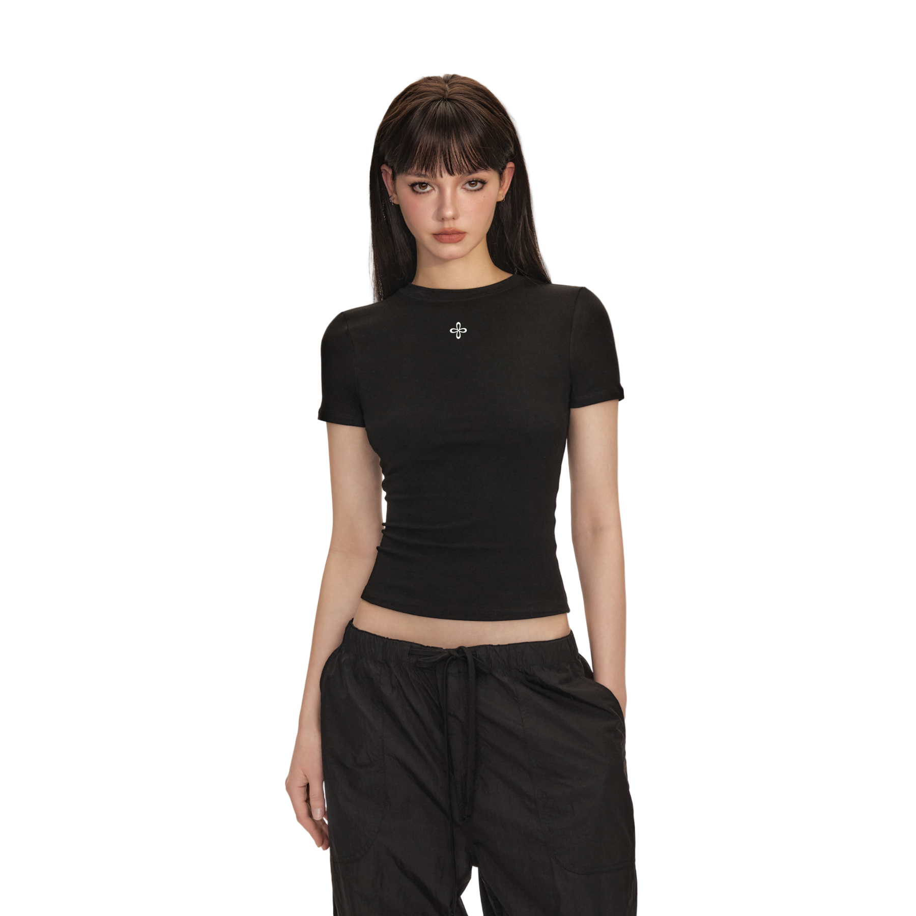 Black Cross-Flower Basic All-Match Hourglass Waist Short-Sleeved T-Shirt