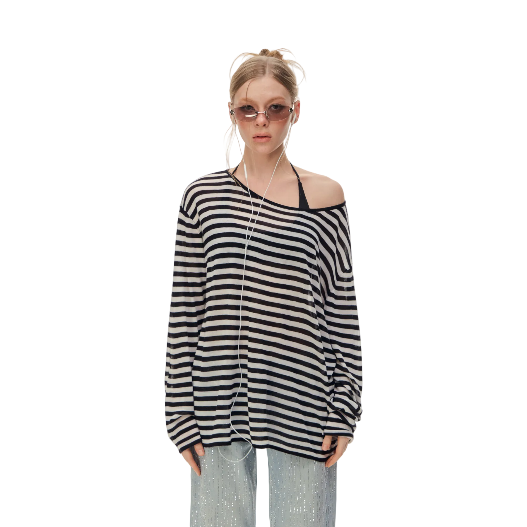 Black Tencel Linen Striped Off-Shoulder Cover-Up T-Shirt
