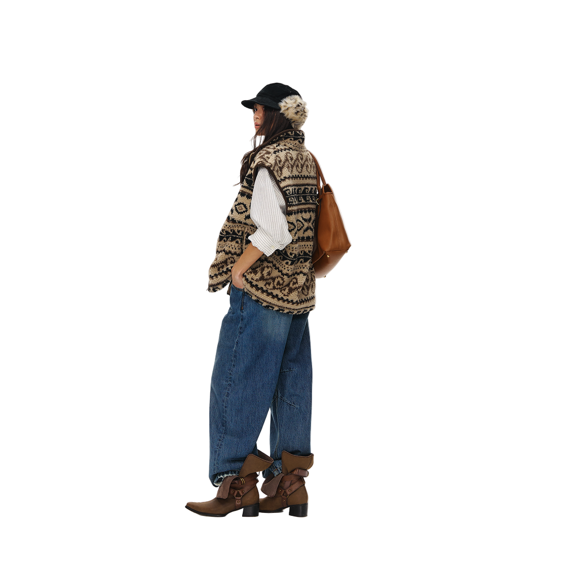 Khaki Fair Isle Vintage Pattern Double-Sided Fleece Vest