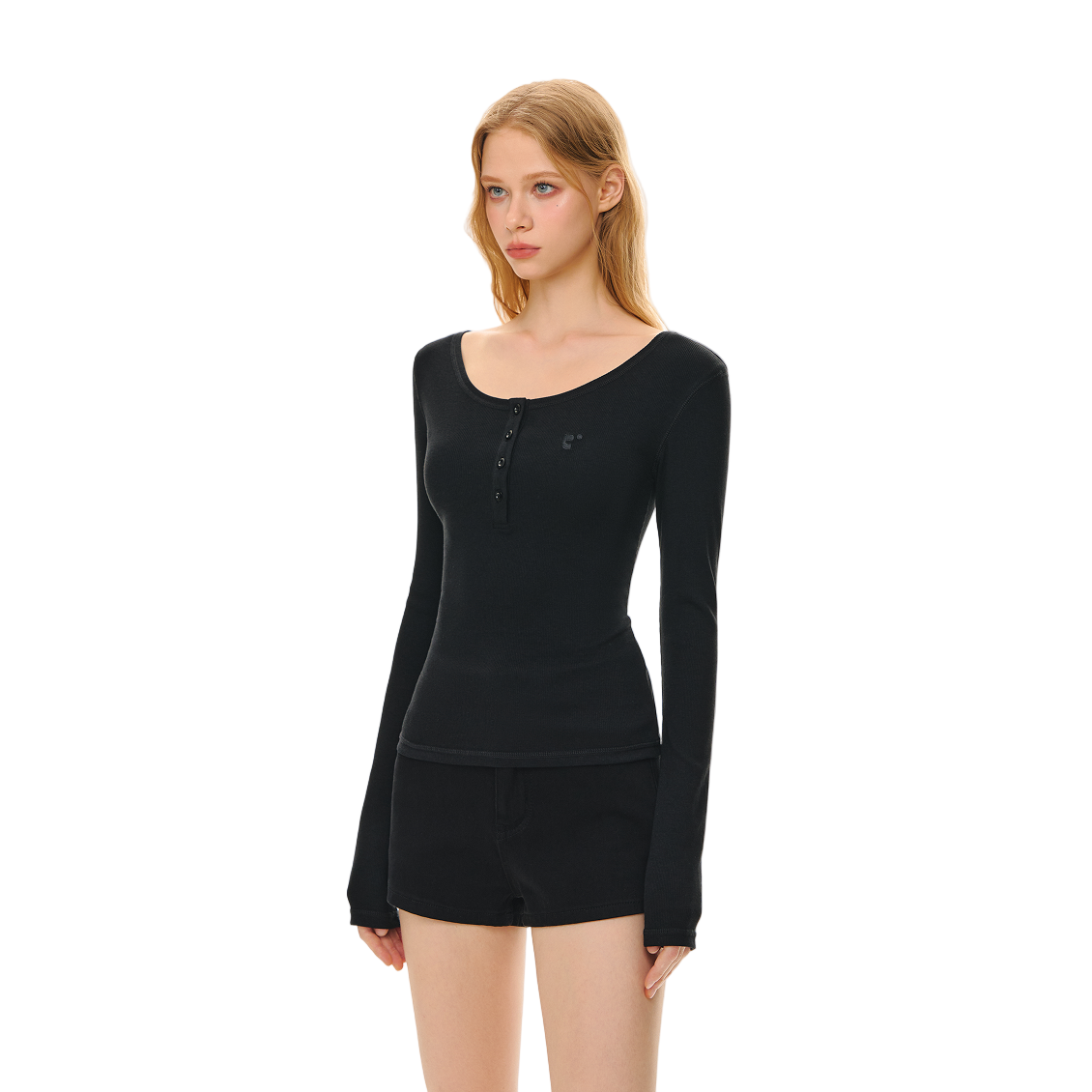 Black Basic All-match U-neck Elastic Henley Neck Long Sleeve