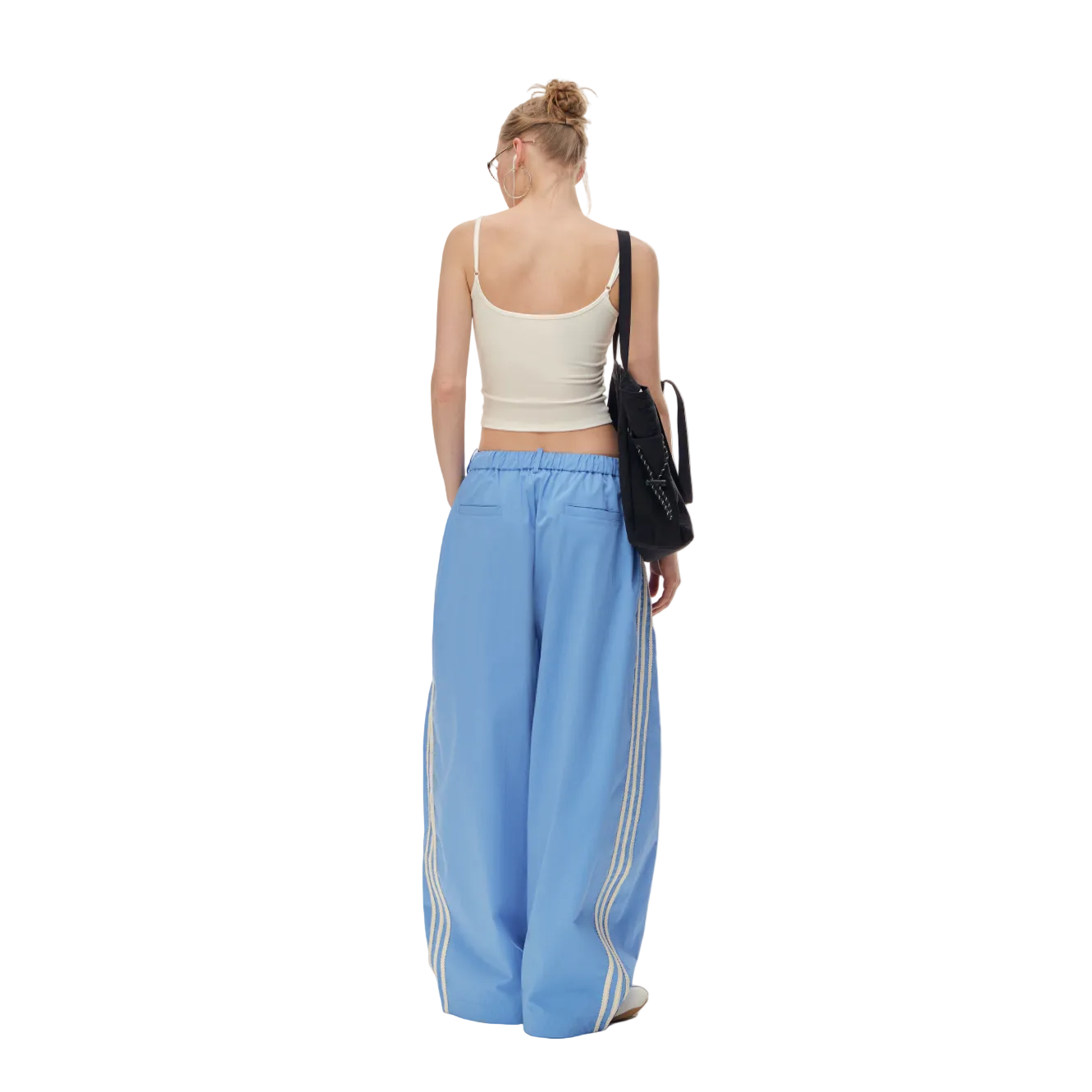 Blue Floral Embroidered Side Striped Wide-Leg Pants