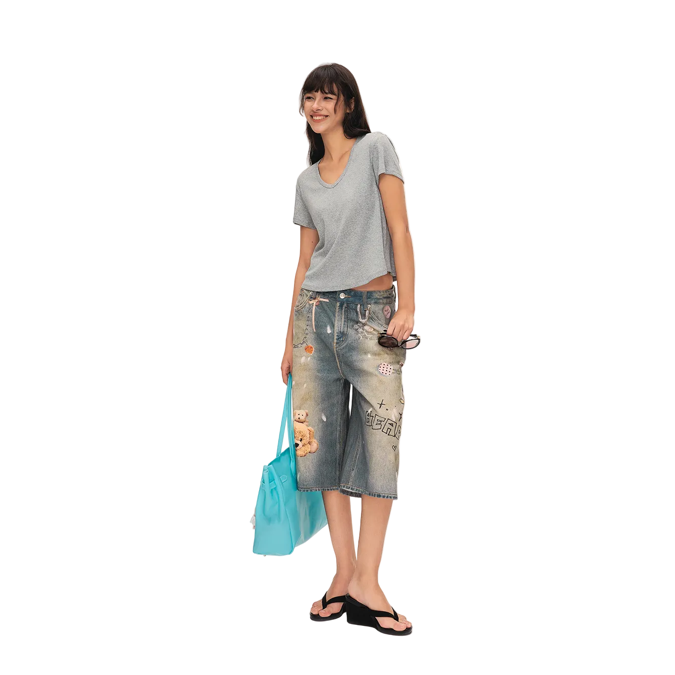 Grey Linen-Cotton Blend V-Neck Short-Sleeve T-Shirt