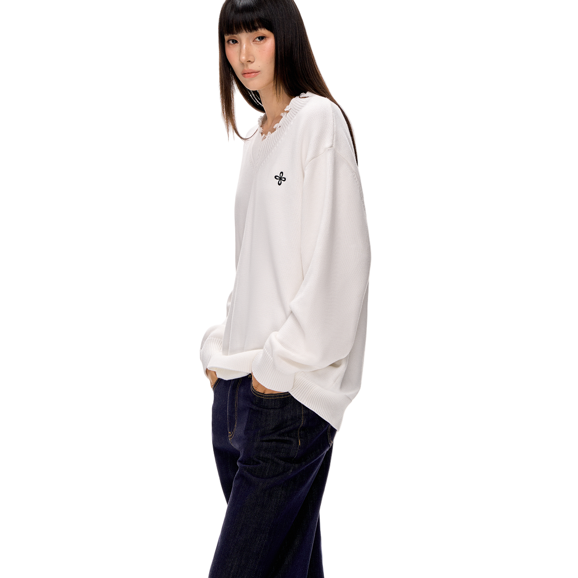 White Cotton Cross-stitch Embroidered Raw-Edge V-Neck Sweater