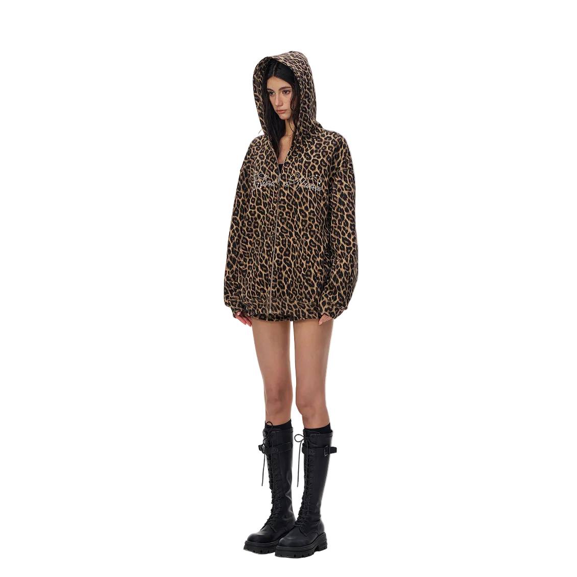 Brown Leopard Print Rhinestone Lettering Hooded Jacket