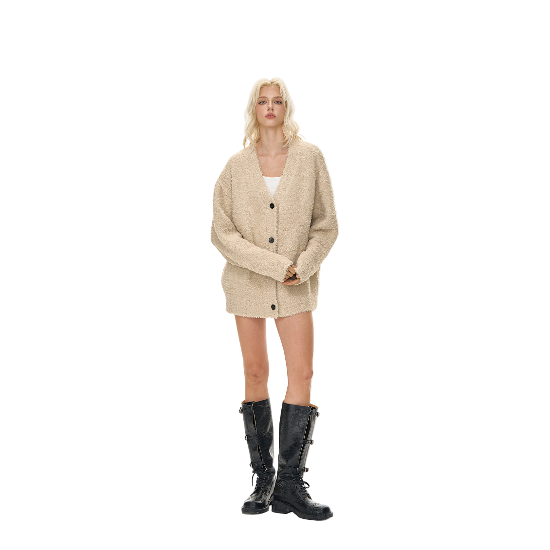 Curly Plush Special Yarn Horn Button Lazy Sweater Jacket In Khaki