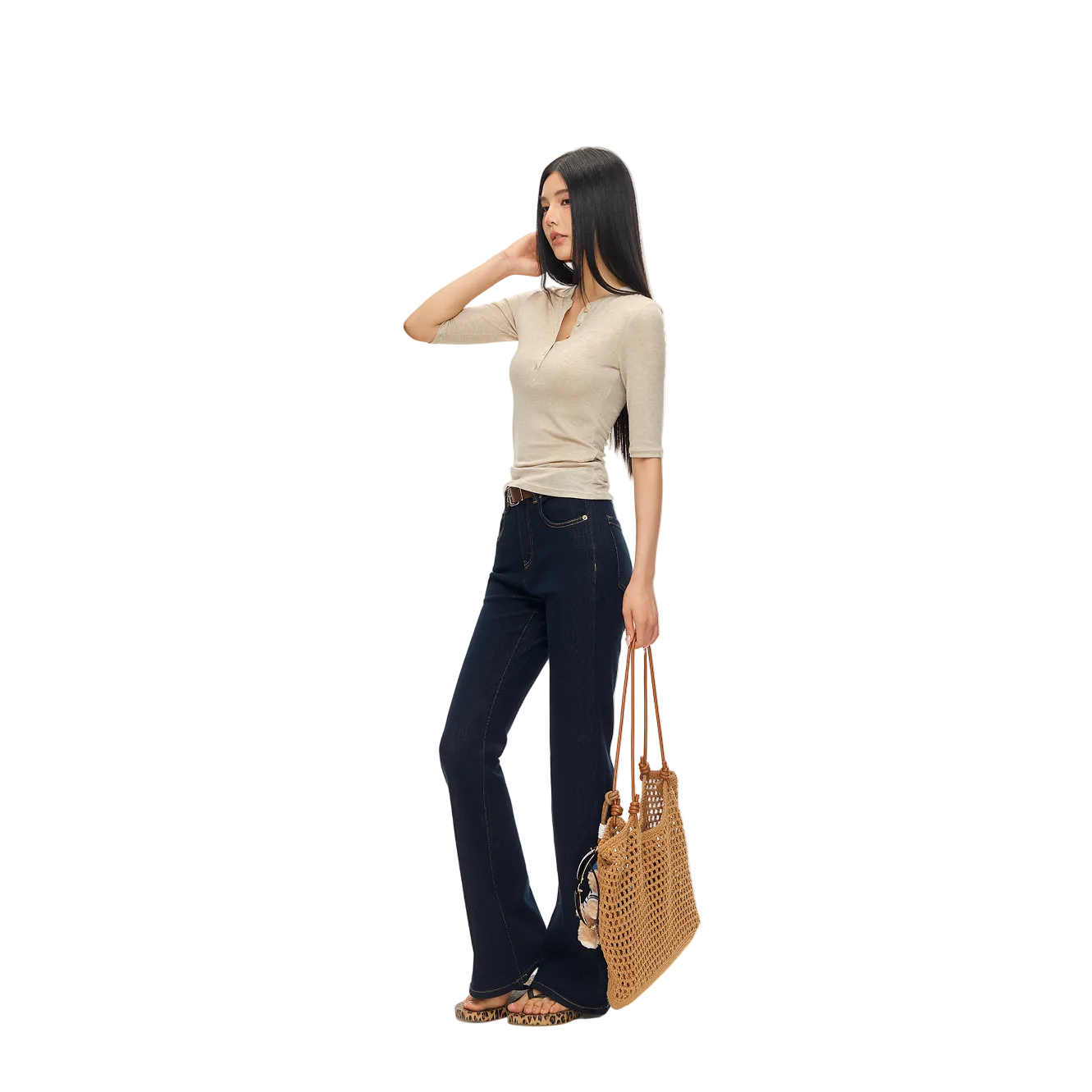 Light Brown Lyocell Wool Blend Henley Mid-Sleeve T-Shirt