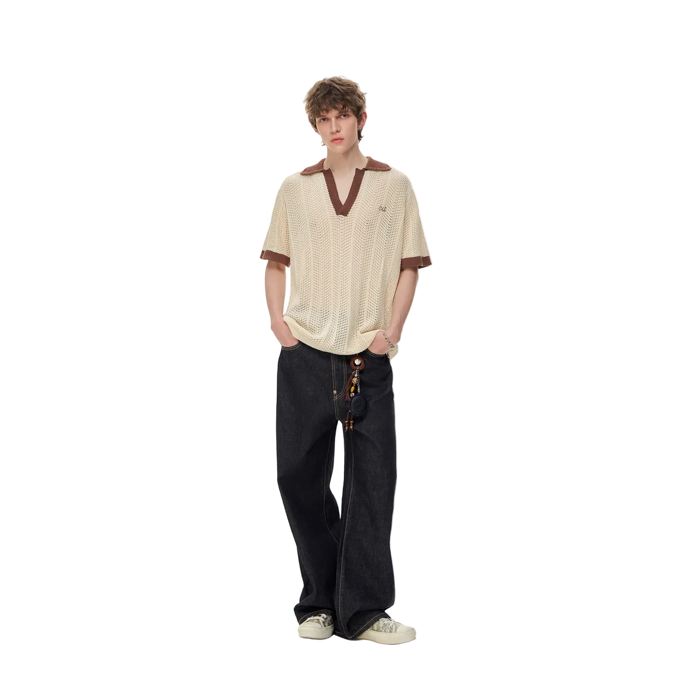 Khaki Color Block Polo Collar Hollow-Out Knit Short-Sleeve