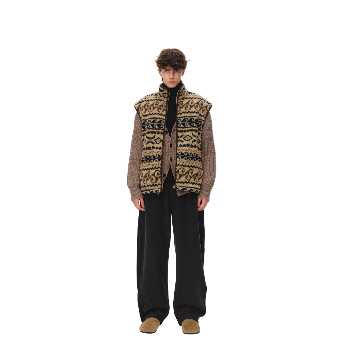 Khaki Fair Isle Vintage Pattern Double-Sided Fleece Vest