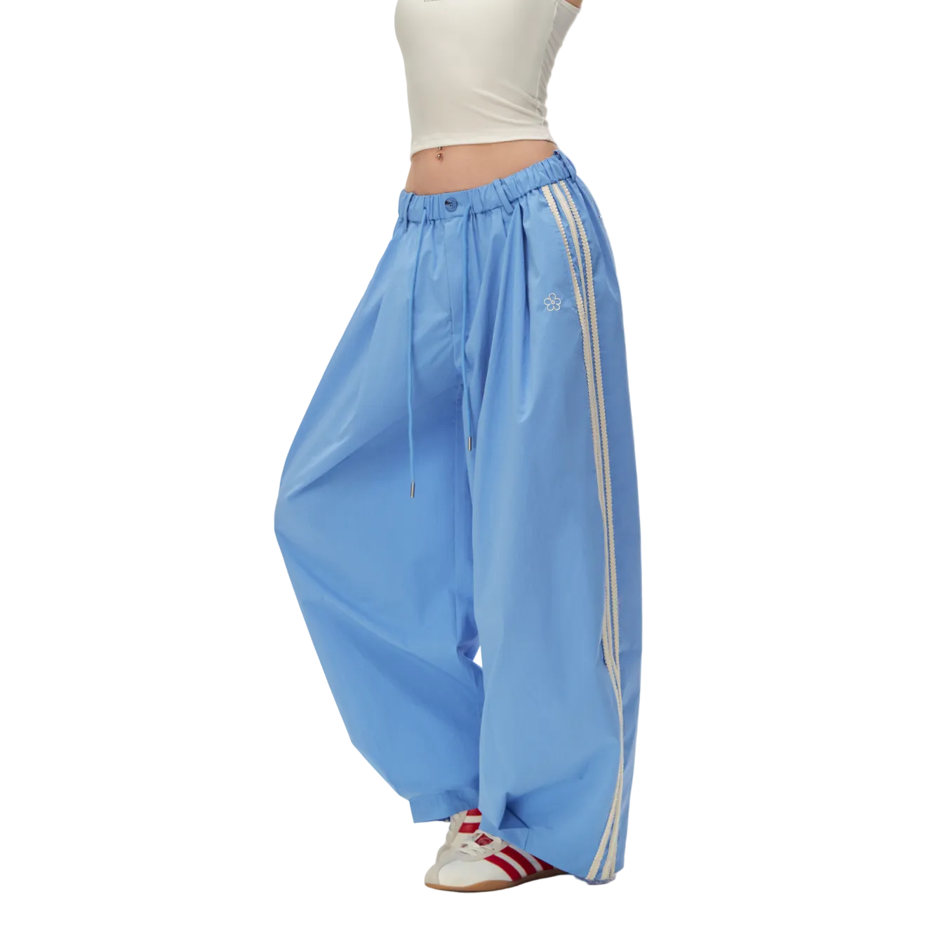 Blue Floral Embroidered Side Striped Wide-Leg Pants