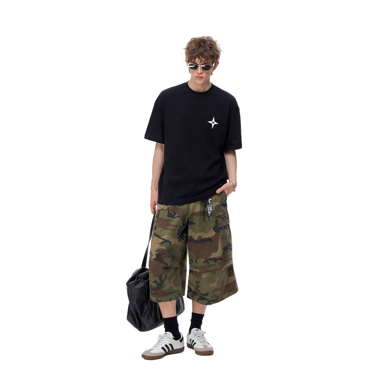 Black Four-Pointed Star Print Short-Sleeve T-Shirt