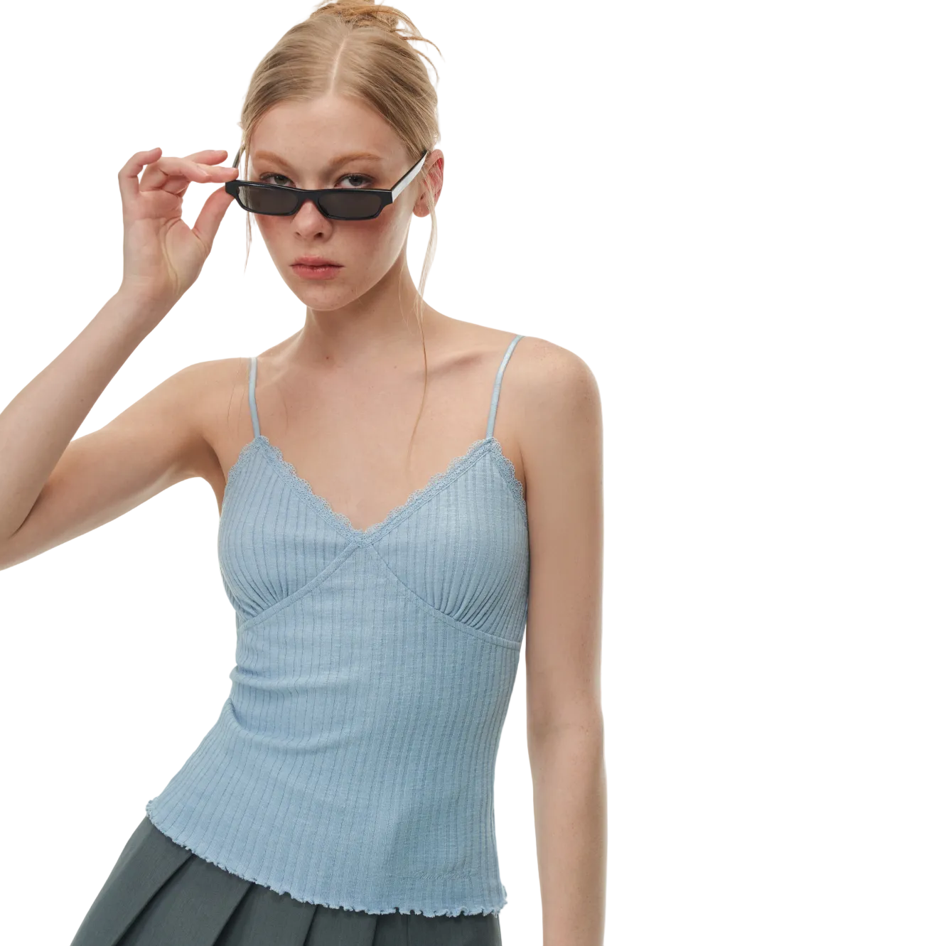 Blue Lace-Trimmed V-Neck Camisole