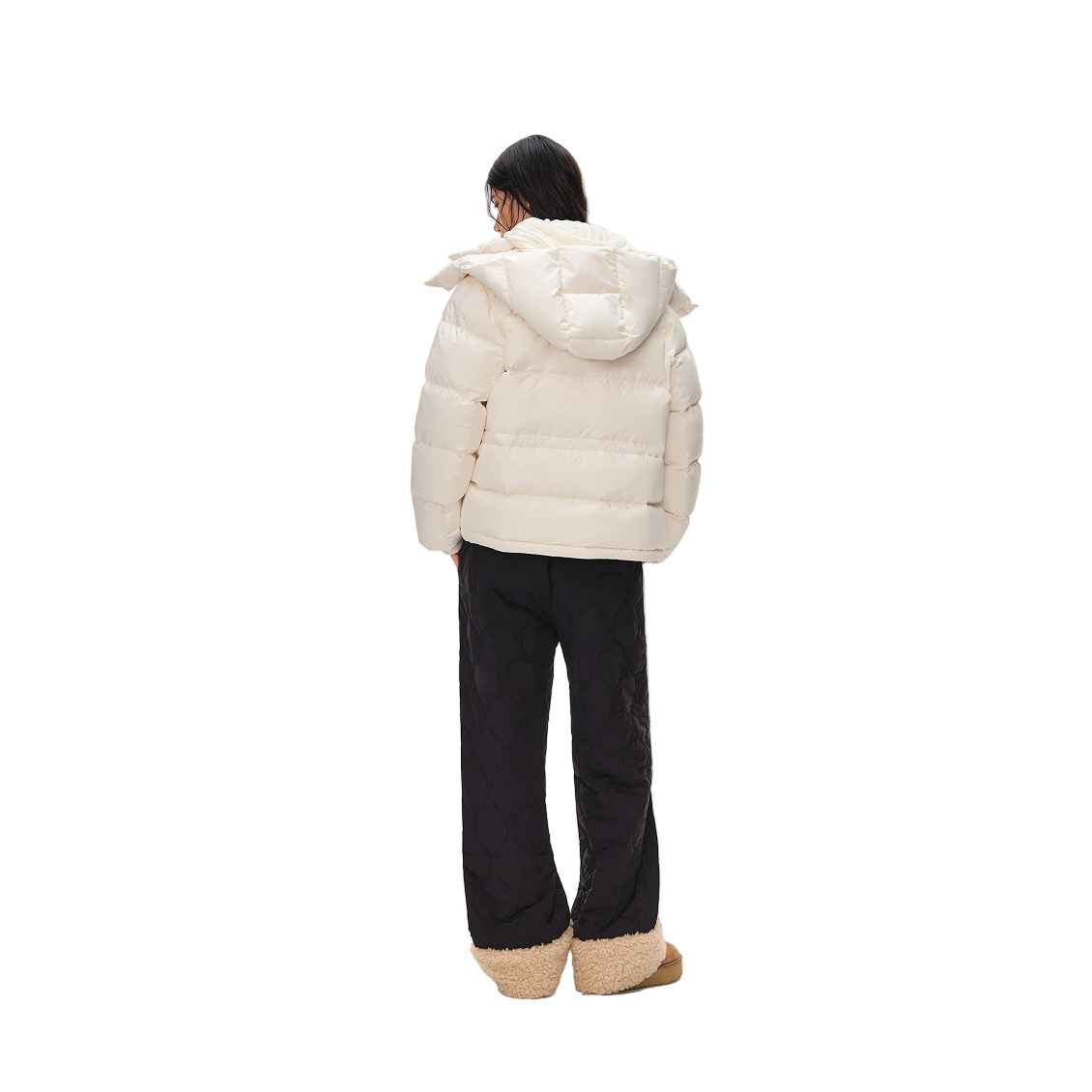 Beige Detachable High-Neck Hooded Warm Down Jacket