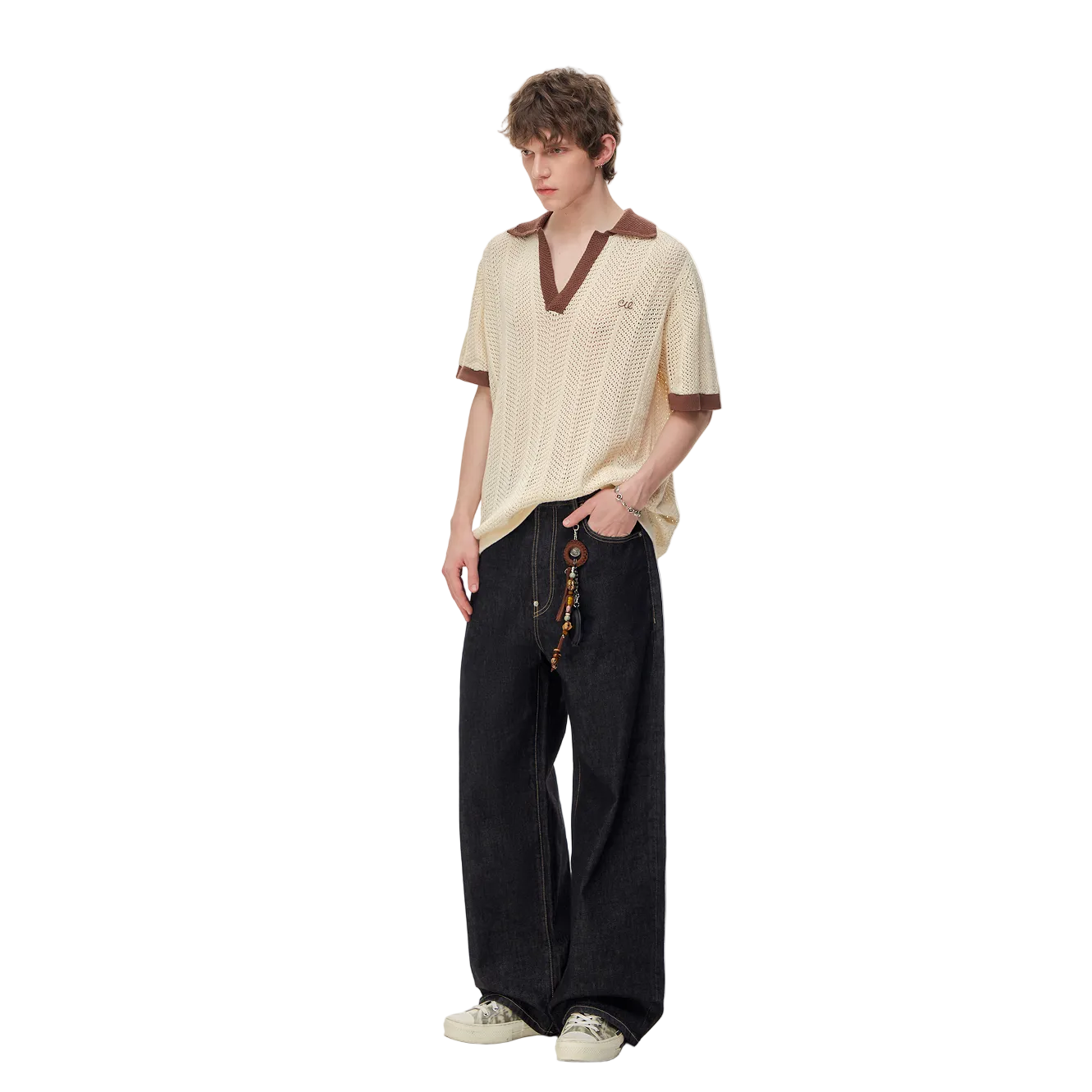 Khaki Color Block Polo Collar Hollow-Out Knit Short-Sleeve