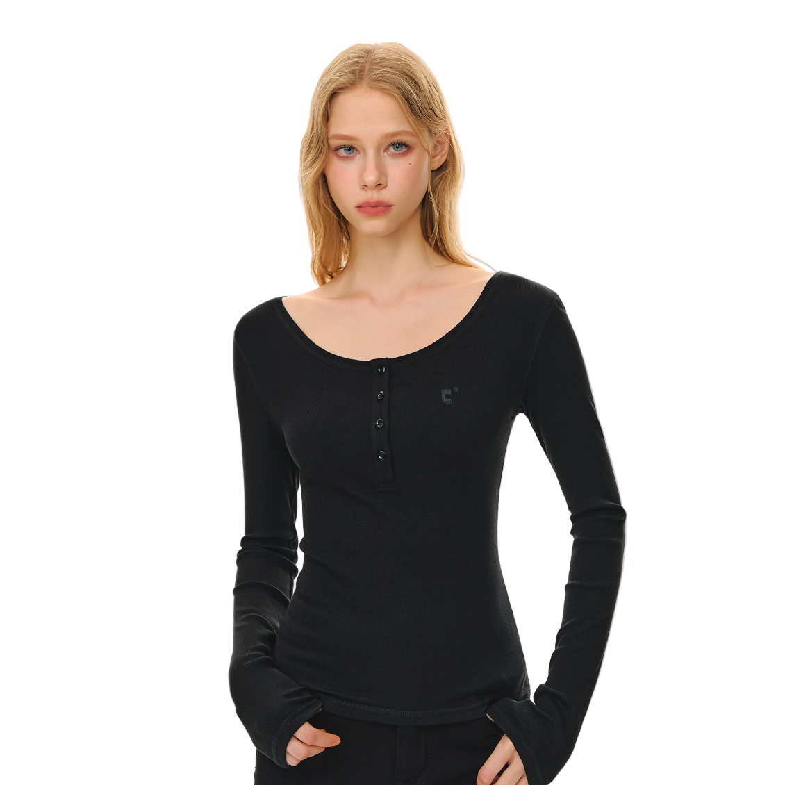 Black Basic All-match U-neck Elastic Henley Neck Long Sleeve