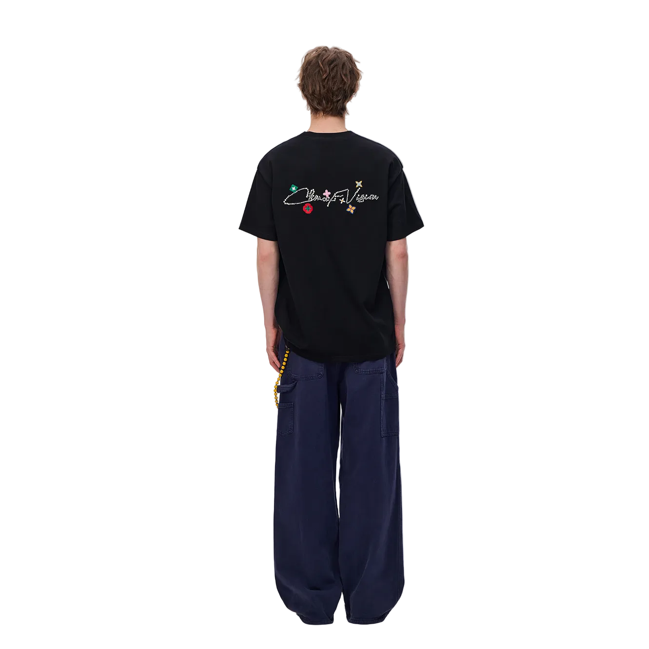 Black Rhinestone Pearl Logo Embroidered Floral Short-Sleeve T-Shirt