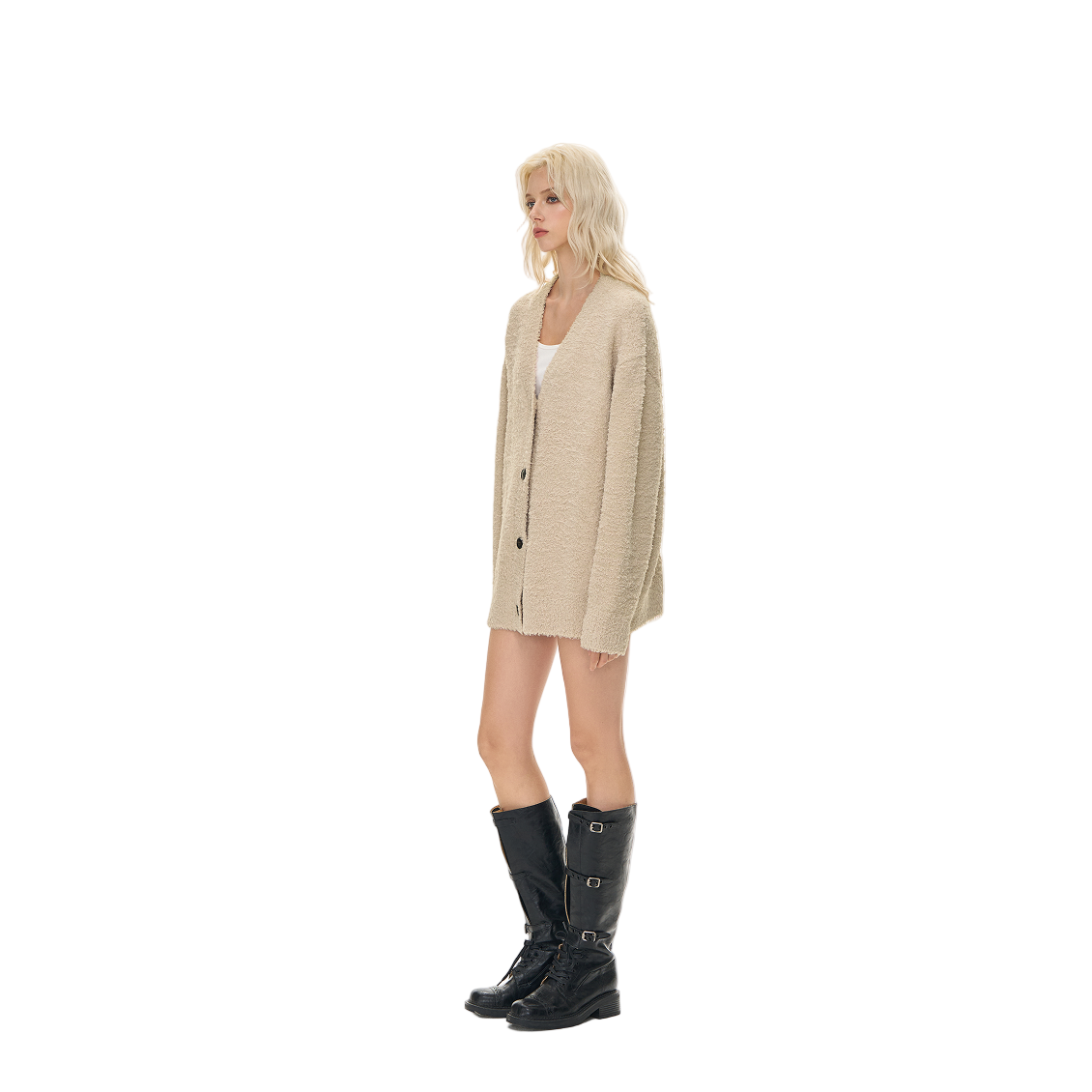 Curly Plush Special Yarn Horn Button Lazy Sweater Jacket In Khaki