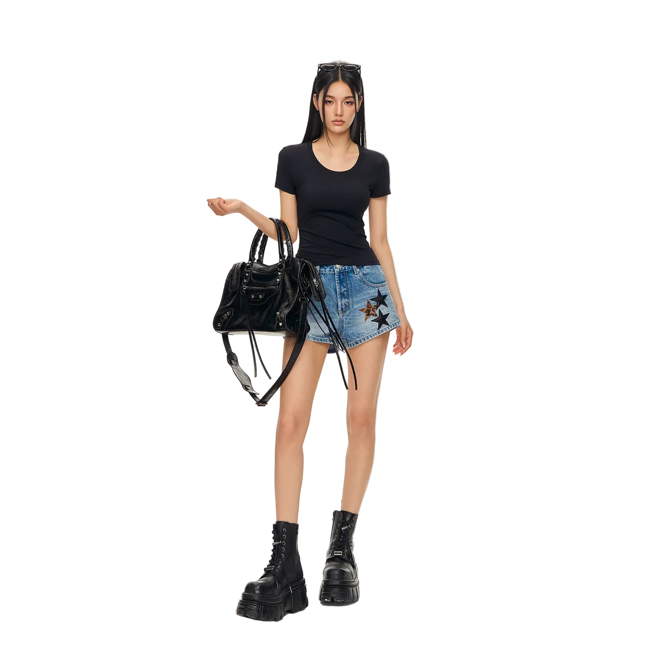 Black Cross Shaped U-Neck Short-Sleeve T-Shirt