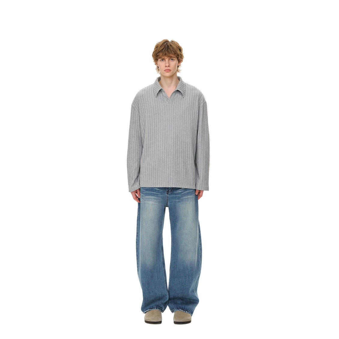 Washed Wide Scimitar Silhouette Low Crotch Jeans In Blue