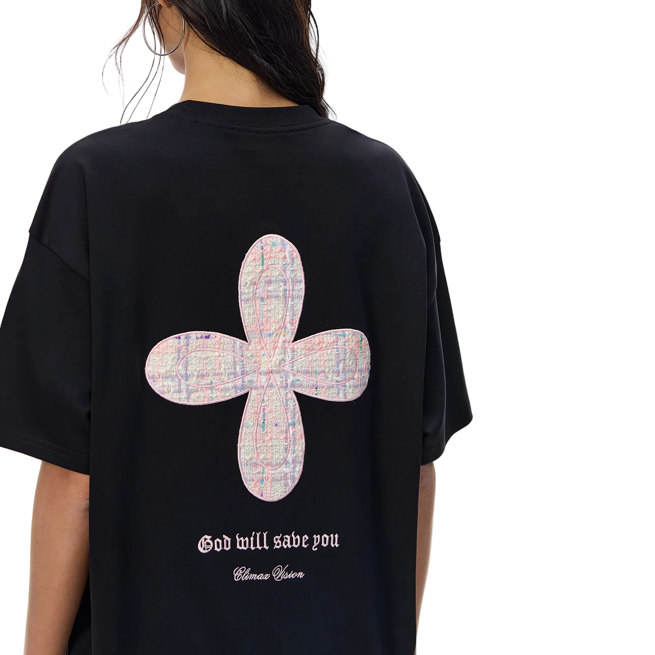 Black Chanel-style Cross Embroidered T-Shirt