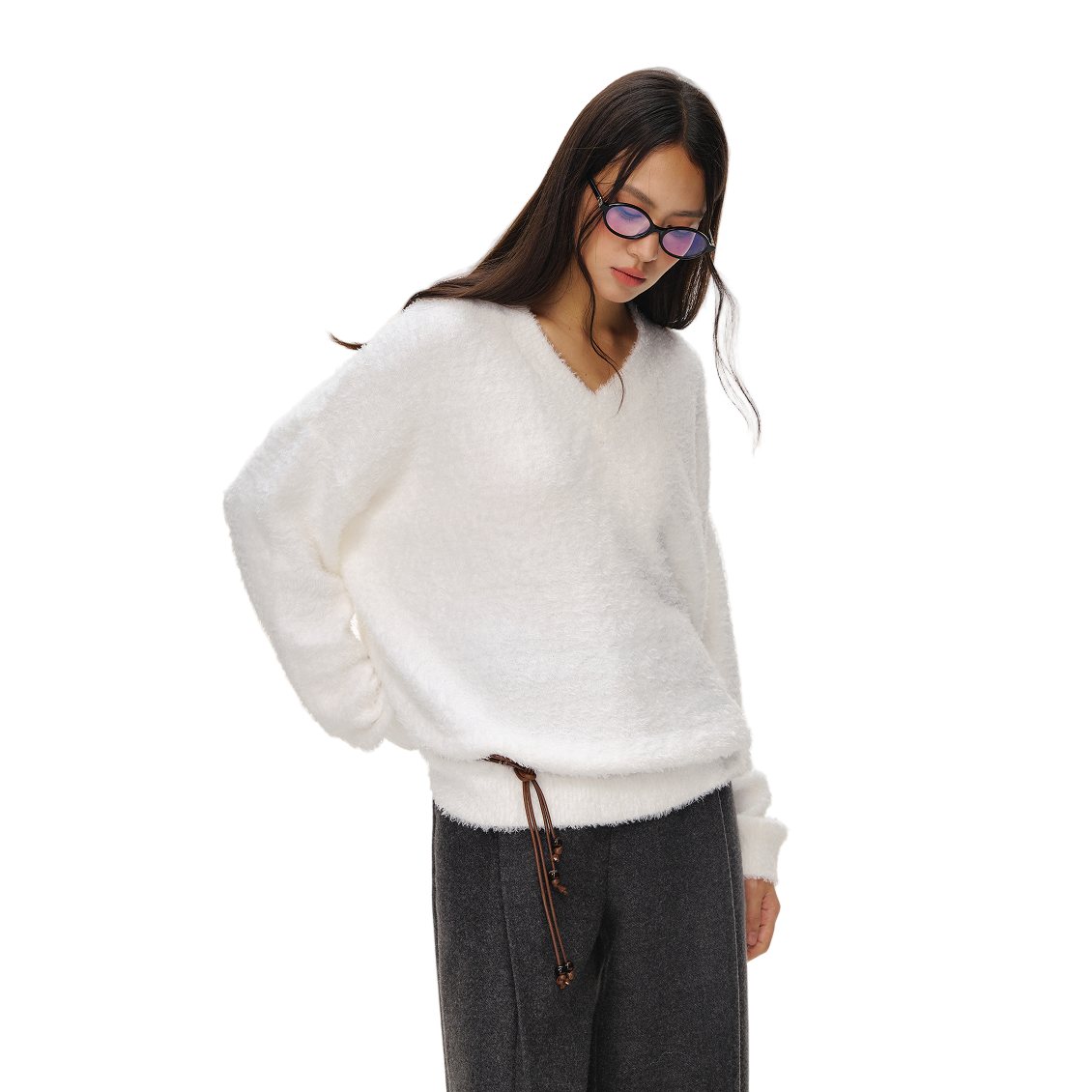 White Lazy Style Cloud Fluffy Plush V-Neck Knit Sweater