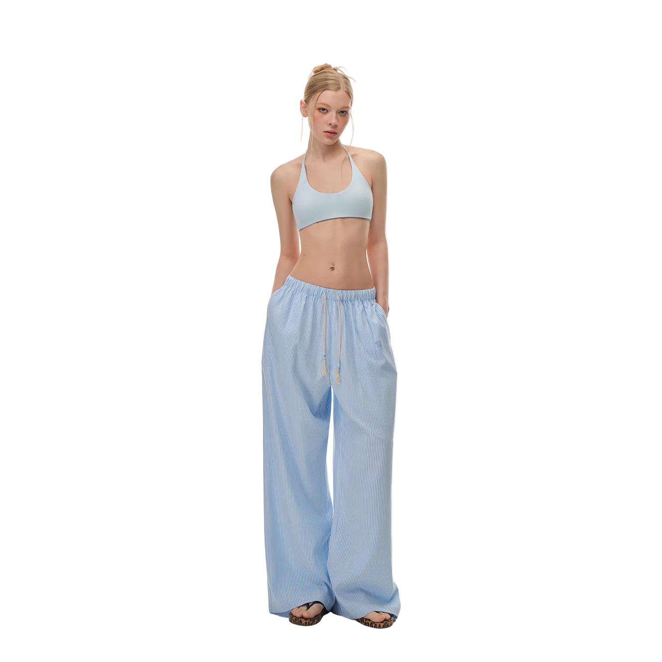 Blue Beaded Striped Casual Pants