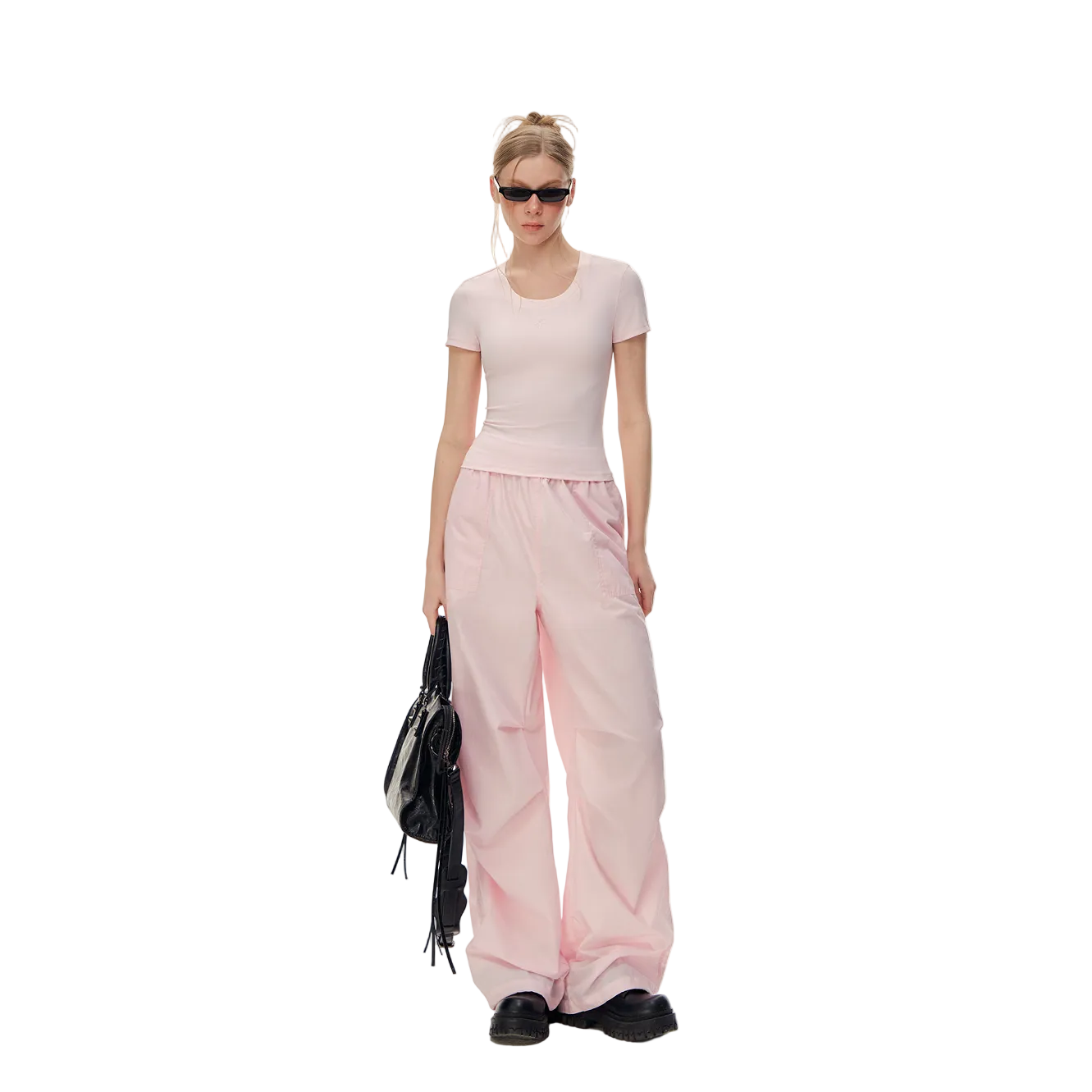 Pink Pleated Straight-leg Paratrooper Pants