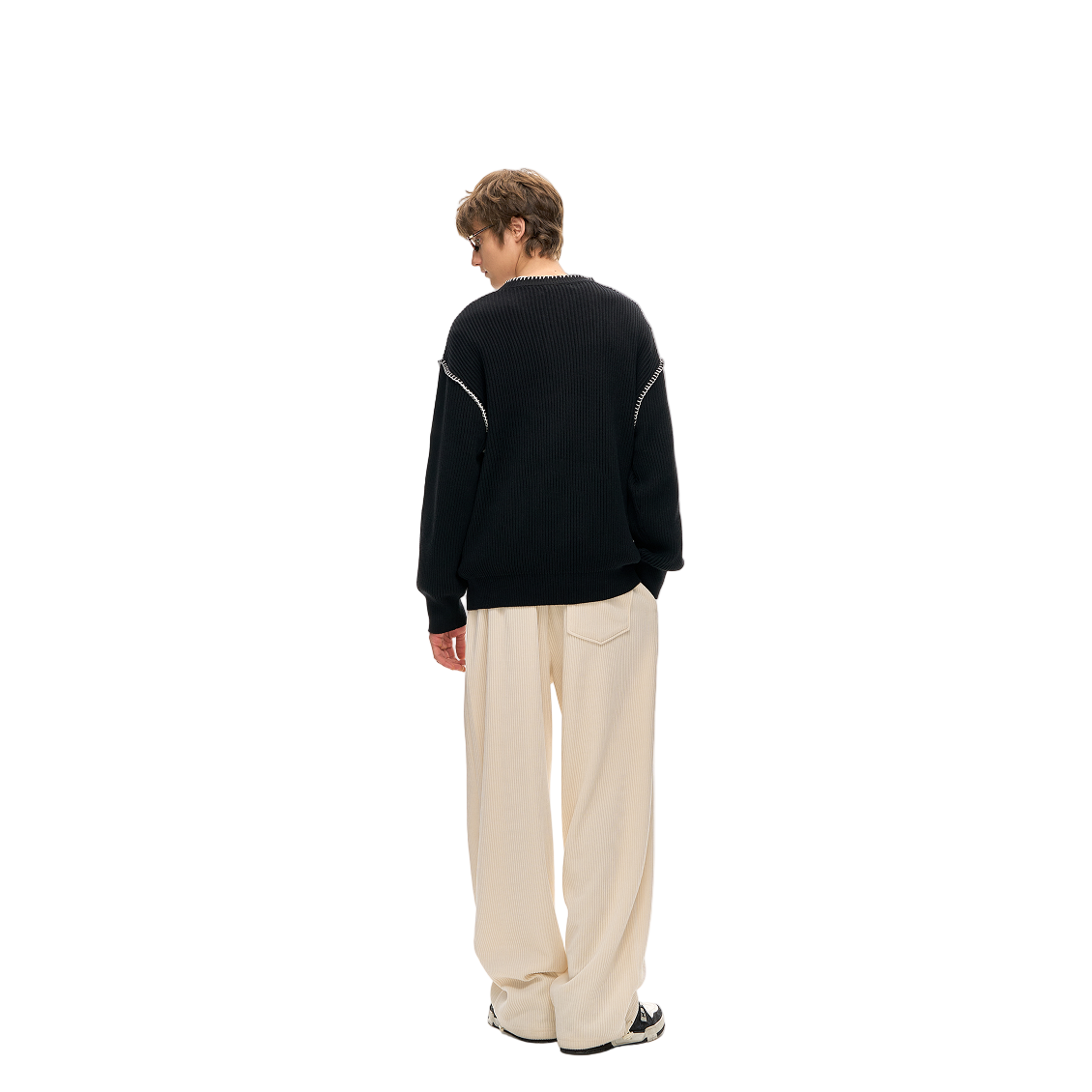 Black Color Block Henley Neckline Ribbed Knit Sweater