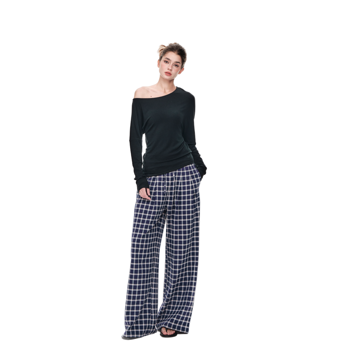 Blue Plaid Casual Bubble Check Double Pleated Embroidered Trousers