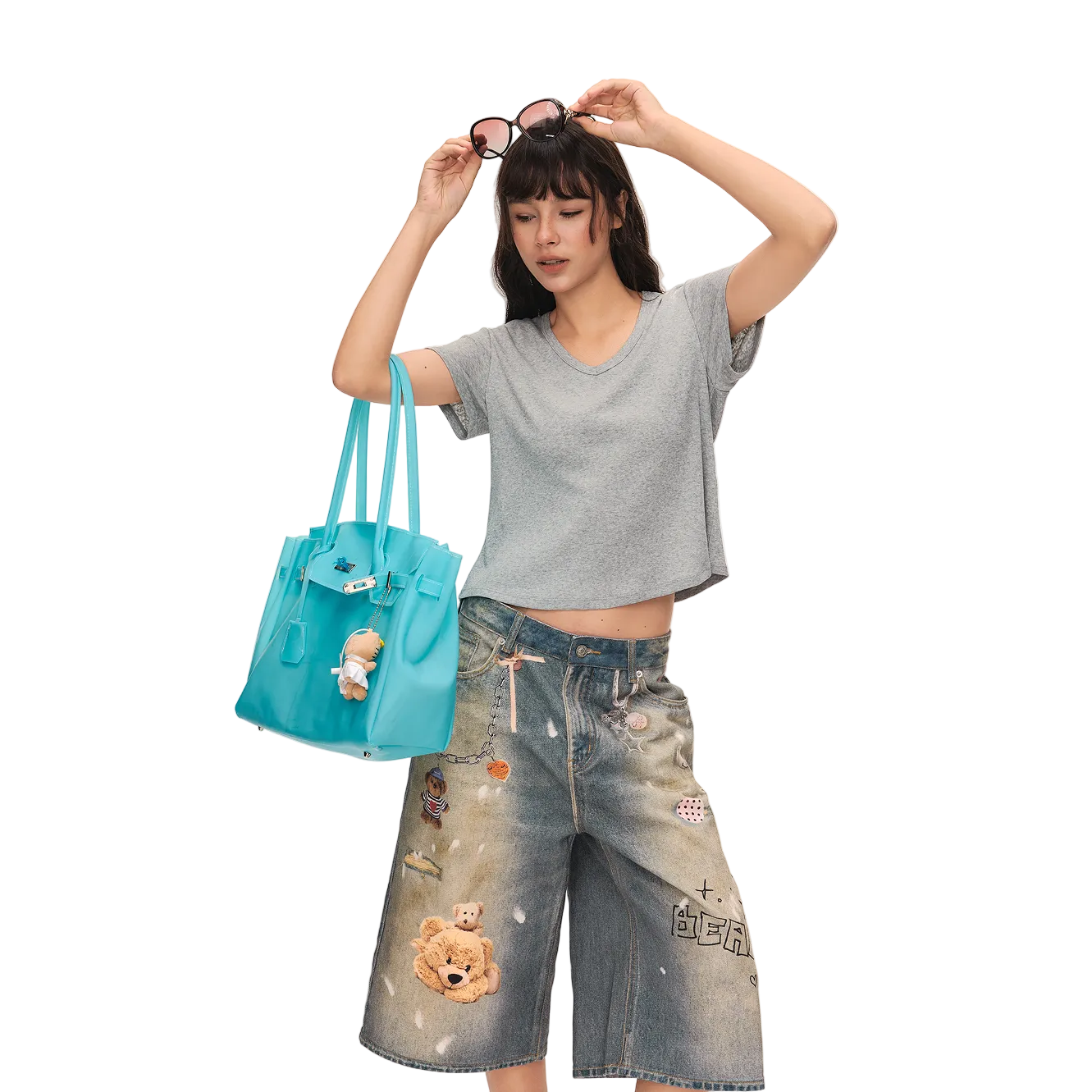 Grey Linen-Cotton Blend V-Neck Short-Sleeve T-Shirt