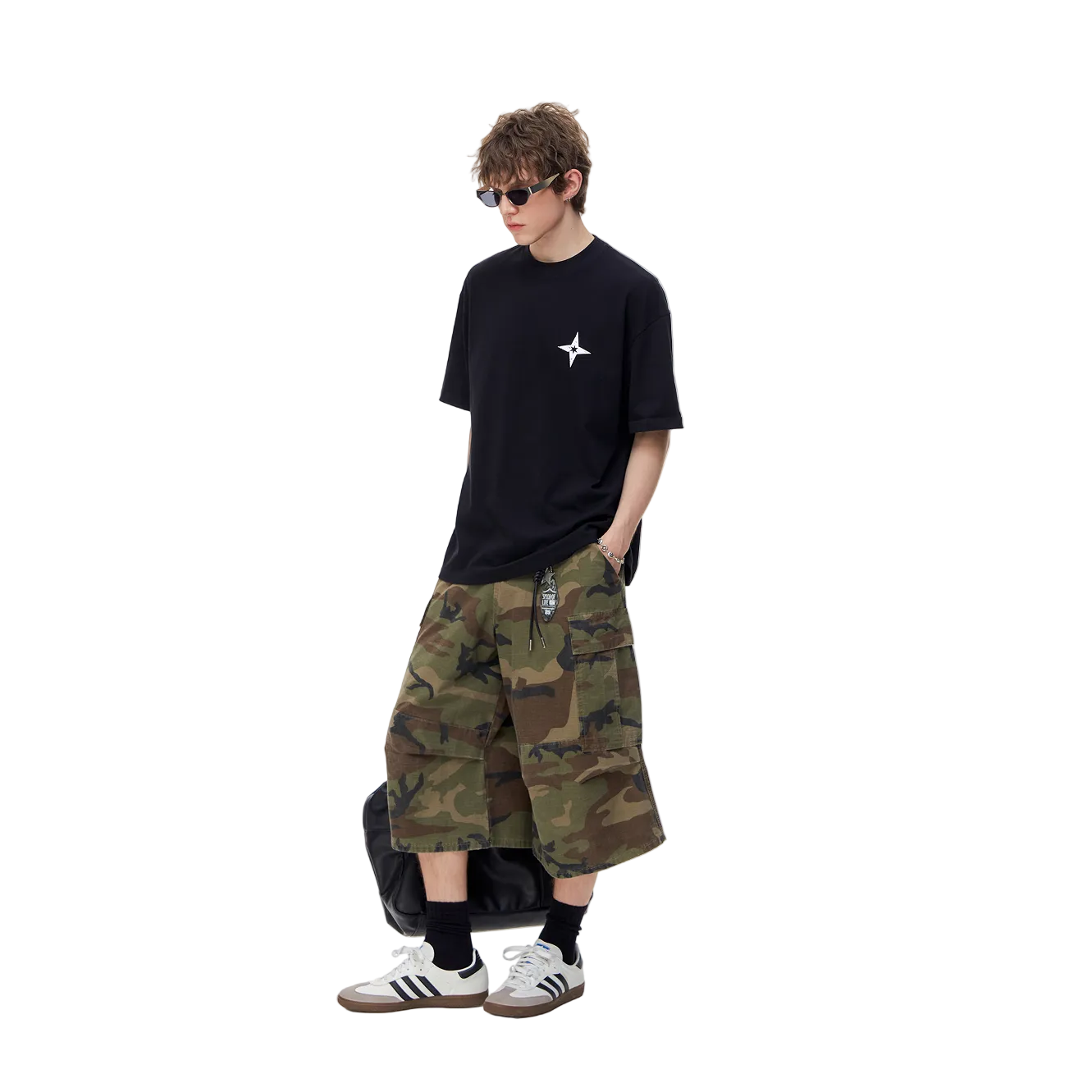 Black Four-Pointed Star Print Short-Sleeve T-Shirt