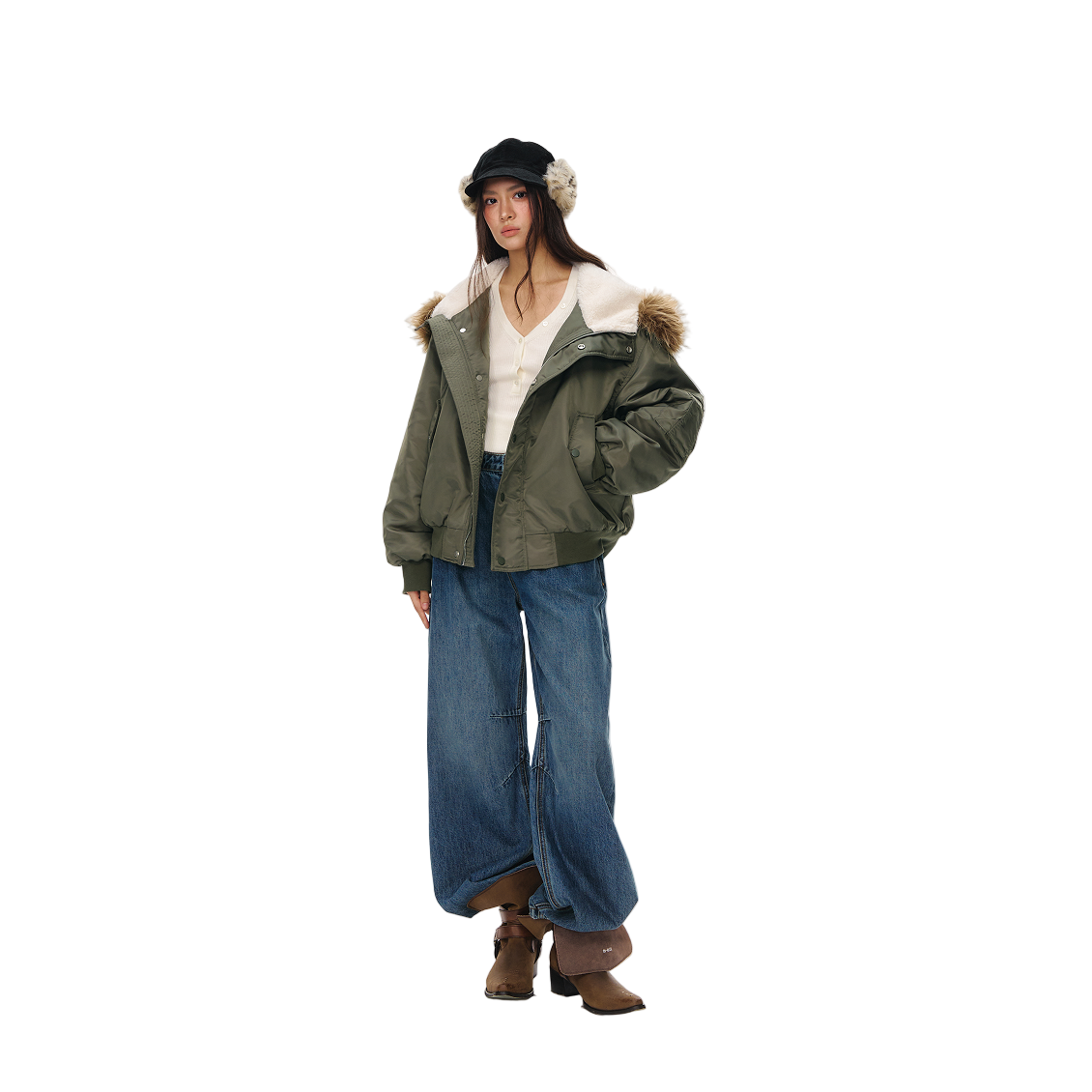 Green Retro Hooded Detachable Fur Collar Jacket Parka