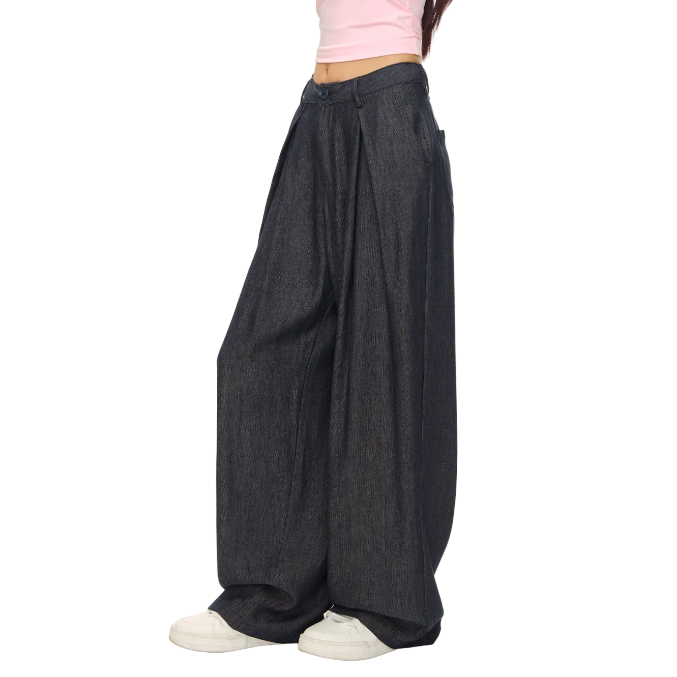 Denim Blue Lyocell Pleated Wide-Leg Pants
