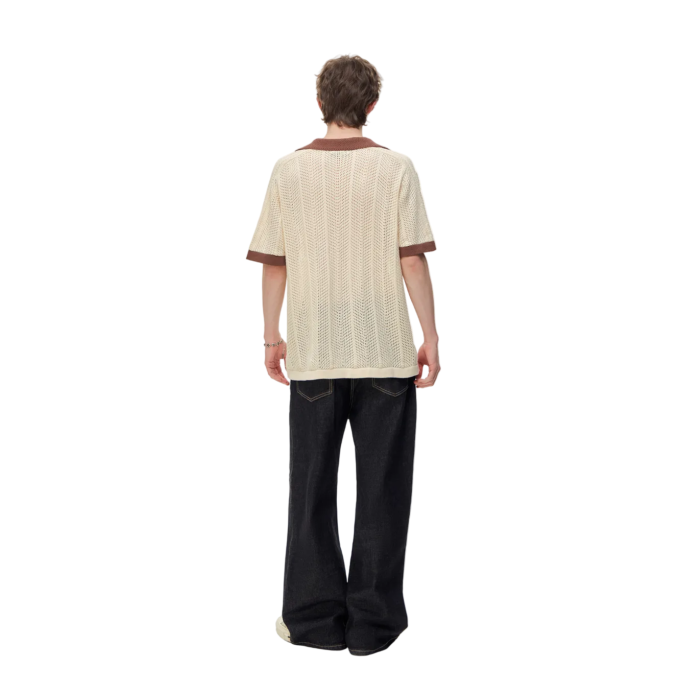 Khaki Color Block Polo Collar Hollow-Out Knit Short-Sleeve