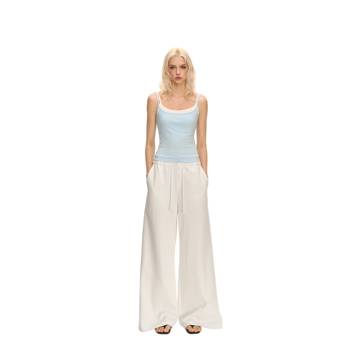 White Button Elastic Waist Curved Texture Casual Sweatpants