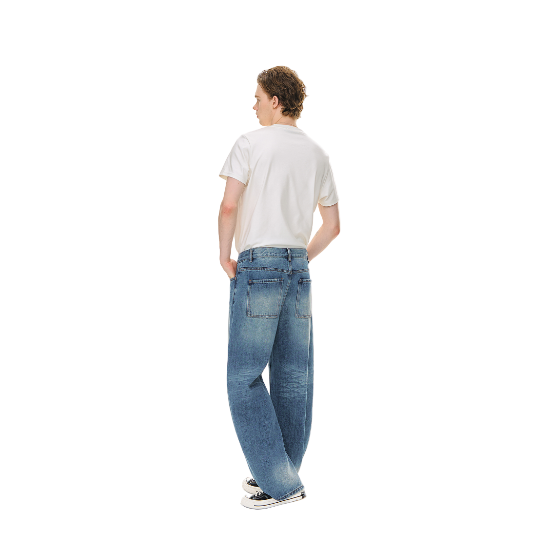 Washed Wide Scimitar Silhouette Low Crotch Jeans In Blue