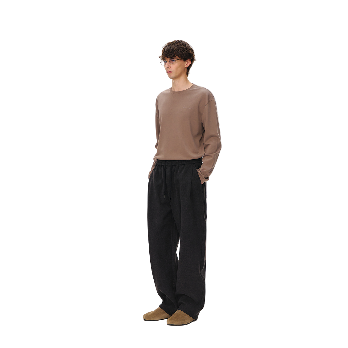 Dark Grey Twill Warm Wide Pleated Casual Pants