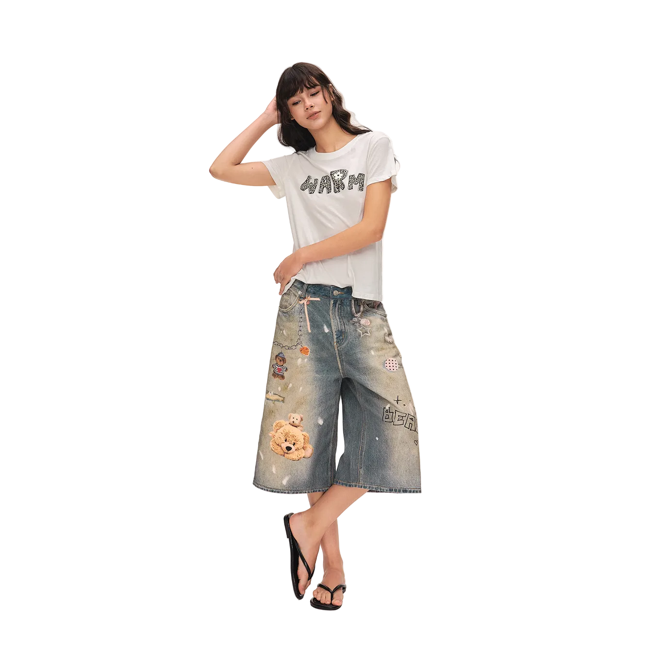 Blue Bear Print Distressed Denim Shorts