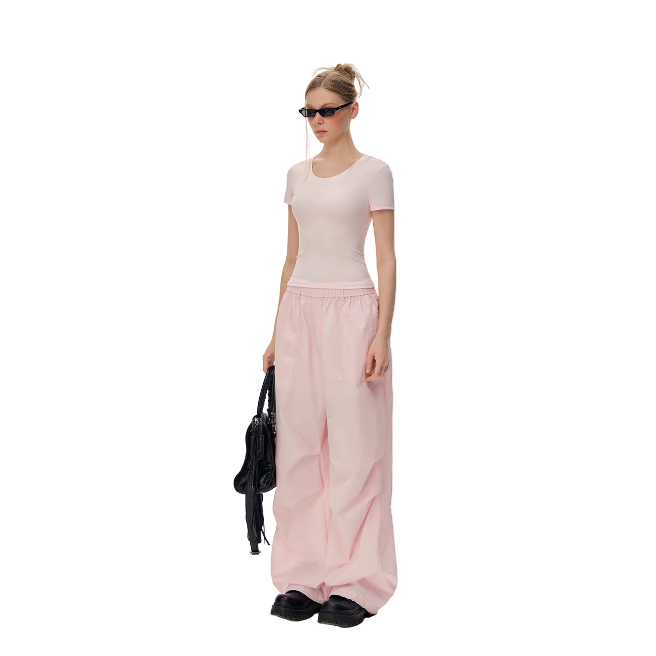 Pink Pleated Straight-leg Paratrooper Pants