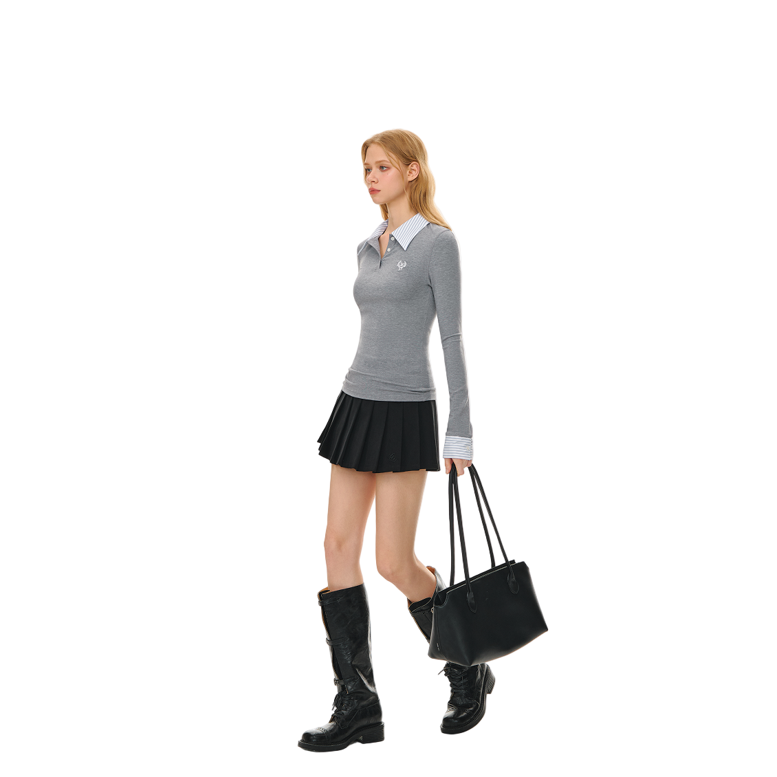 Gray Shirt Collar Fake Two-piece Tencel Rib Stitching Long Sleeves