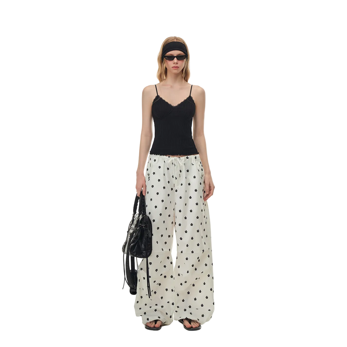 White Printed Double Pleated Drawstring Airy Trousers