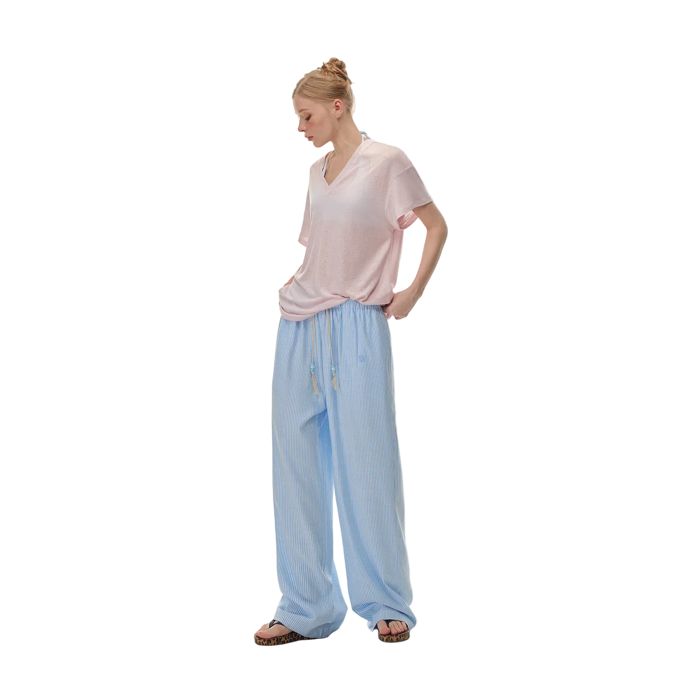 Blue Beaded Striped Casual Pants