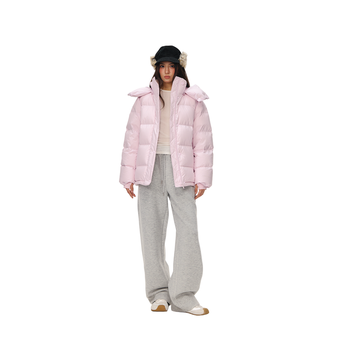 Pink Detachable High-Neck Hooded Warm Down Jacket