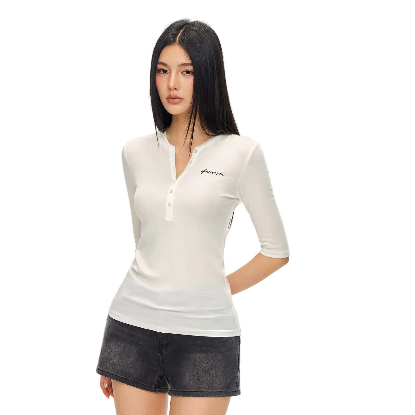 White Lyocell Wool Blend Henley Mid-Sleeve T-Shirt