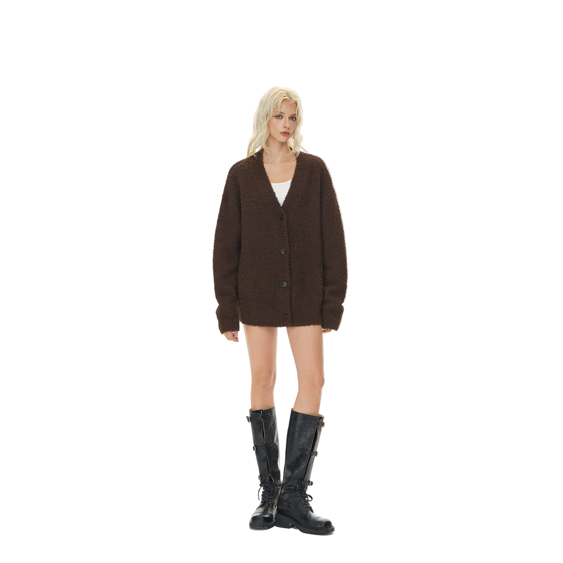 Curly Plush Special Yarn Horn Button Lazy Sweater Jacket In Brown